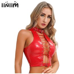 T-Shirt Womens Hollow Out Eyelet Laceup Vest Wet Look Patent Leather Sleeveless Crop Top for Pole Dancing Gothic Punk Party Clubwear