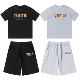 Men's Tracksuits Trapstar Spring And Summer Orange Grey Towel Embroidered Cotton HighQuality Sports TShirt ShortSleeved Shorts Suit 230727