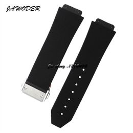 JAWODER Watchband 23mm 26mm Men Stainless Steel Deployment Clasp Black Diving Silicone Rubber Watch Band Strap for HUB Big Bang223z