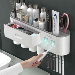 Magnetic Adsorption Inverted Toothbrush Holder Double Automatic Toothpaste Squeezer Dispenser Storage Rack Bathroom Accessories230L