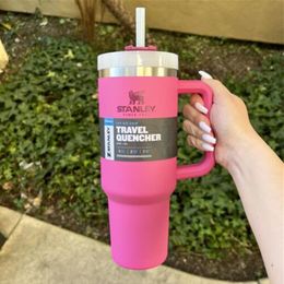 stanley 40oz Frosted lids pink stainless steel tumbler with Logo handle lid straw big capacity beer mug water bottle powder co245Y