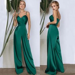 New Stylish Hunter Jumpsuits Prom Dresses Spaghetti Straps Neckline Sleeveless Pants Evening Gowns Floor Length Plus Size Satin Women Formal Wear