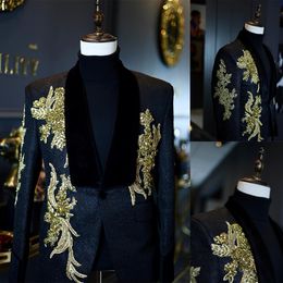 Exquisite 2 Pieces Wedding Tuxedos Men Suits Jacquard Weave Applicants Shawl Lapel One Button Customise Coat Black Pants Fashion Casual Prom Tailored