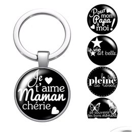 Keychains Lanyards French Je Taime Mama Papa Cherie Glass Cabochon Keychain Bag Car Key Rings Holder Sier Plated Chains Men Women Gi Dhs2Q