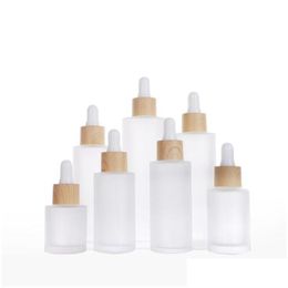Packing Bottles Frosted Essential Oil Glass Bottle Cosmetic Flat Shoder Dropper Container With Imitated Bamboo Cap 20Ml 30Ml 50Ml 60Ml Dhbn6