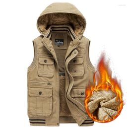 Jaquetas masculinas com capuz de pele sem mangas colete masculino de lã quente colete viagem com vários bolsos estilo militar tático casual grosso