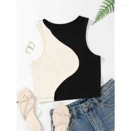 Women's Tanks Cute Preppy Style Patchwork Tank Top Summer Crewneck Sleeveless Bodycon Crop Tops Y2K Clothes Streetwear Baby Tee Vest