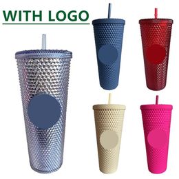 710ml Coffee Cup Summer Holiday Cold Water Mug Tumbler Cup With Straw Double Layer Plastic Durian Diamond Radiant Goddess Cups 210334H