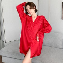 Women's Sleepwear Red Lace Nightgown Sleep Dress Mini V Neck Ice Silk Nightwear Home Long Sleeve Loungewear Loose Nightshirt