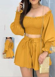 Women's Tracksuits Women Fashion Long Sleeve Solid Colour Suit Slash Neck Off Shoulder Tops Lace Up Shorts Two Piece Set Casual Clothes