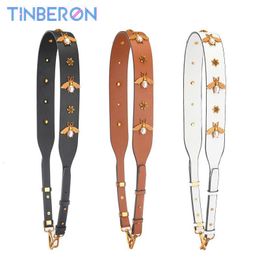 Bag Parts Accessories TINBERON Bag Strap Fashion Vintage Gold Metal Bee Bag Strap Real Leather Shoulder Strap Women Replacement Bag Parts Accessories 230726