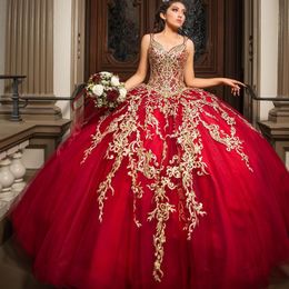 Luxury Sweetheart Red Dress Quinceanera Dress 2024 Party Gown Princess Gold Lace Appliques Sleeveless Spaghetti Strap