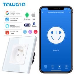 Smart Power Plugs TAWOIA Wifi Wall Sockets French Standard Glass Power Monitor Sockets Electrical Outlet Work With Alexa Tuya Google Home Yandex HKD230727