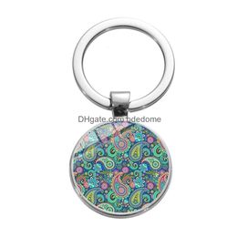 Keychains Lanyards Paisley Mandala Flower Art Keychain Indian Cture Glass Cabochon Metal Key Chain Vintage Holder Charm Bohemian Gif Dhbux