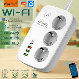 Smart Power Plugs Tuya WiFi Smart Power Strip EU Plug with 4 USB Typc-C Fast Charge Alexa Google Home Surge Protector Extenstion 3 Sockets Wallpad HKD230727