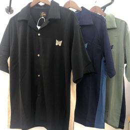 Mens Casual Shirts Summer Butterfly Embroidery Green Apricot Black Needles Men Women Oversized AWGE Spliced Lapel Shirt 230726
