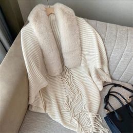 Women's Knits Tees 2023 Autumn Women Winter Knitted Shawl With Faux Fur Collar Tassel Female Elegant Poncho Long Warm Wraps Cloak Cape Tops 230727