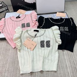 Womens T Shirt Vest Sweater Sexy Rhinestone Hollow Casual Fashion MIU Logo Letter Long Sleeve Sweater Birthday Gift 3 Colours