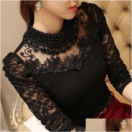 Women'S Blouses Shirts Dingaozlz Elegant Long Sleeve Bodysuit Beaded Women Lace Blouse Crochet Tops Blusas Mesh Chiffon Female Cloth Dhwhg