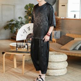 Men's Tracksuits Chinese Style Ice Silk Jacquard Suit Round Neck Thin Section Loose T-shirt Plus Pants Casual Fashion Home Wear Pyjamas