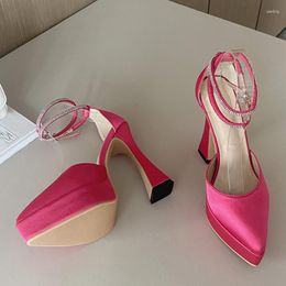 Dress Shoes Sexy Crystal Ankle Strap High Heels Women Pumps Sandals Fashion Solid Silk Pointed Toe Platform Chunky Party Prom