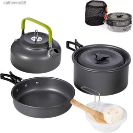 Aluminum Outdoor Camping Cookware Set Folding Cookset Camping Teapot and Pans Set Equipment With Mesh Set Bag For Hiking Picnic L230621