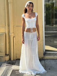 Two Piece Dress Avrilyaan Sexy White Lace Backless Set Bandage Top Long Skirt Women Elegant holiday casual 2 230727