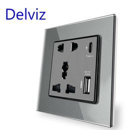 Smart Power Plugs Delviz Power 2100MA USB Outlet Crystal Glass Panel 13A Universal jack 18W 4A Smart Quick Charge Wall Type C Interface Socket HKD230727