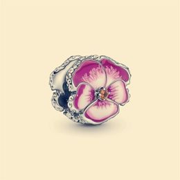 Authentic Pandora 925 Sterling Silver Charm Pink Pansy Flower Dangle fit Europe style beads for bracelet making jewelry 790777C01322K