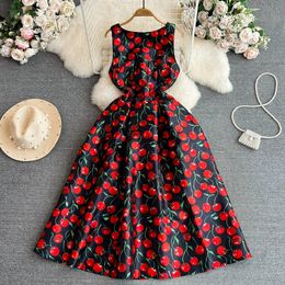 Premium light and luxurious temperament Sleeveless round neck with waistband A-line three-dimensional cut cherry print tank top dress