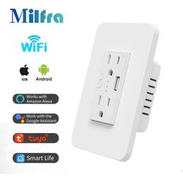 Smart Power Plugs 16A Tuya Wifi Smart Wall Socket Double US Plug Outlet with USB Charging Port On Off Remote Control work with Alexa Google Home HKD230727