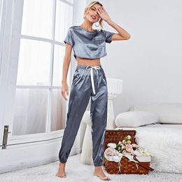 Women's Sleepwear Women Pyjamas Satin Female Pyjamas Solid Colour Tops Pants Nightwear Two-piece Set Loungewear Homewear Pijama De Mujer