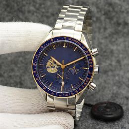 Eyes on the stars Watch Chronograph sports Battery Power limited Two Tone Gold Blue Dial Quartz Professional Dive Wristwatch Stain320E