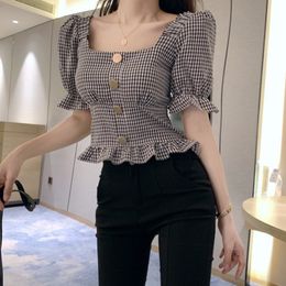 Womens Blouses Shirts Women Plaid Vintage Korean Puff Shorts Sleeve Button Crop Top Sweet Chic Slim Elegant Blusas Mujer 230726