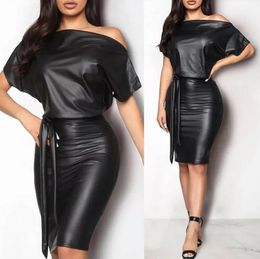 Casual Dresses Black Asymmetrical Sexy Faux Leather Bodycon Dress Women Summer Short Sleeve Knee Length Pencil