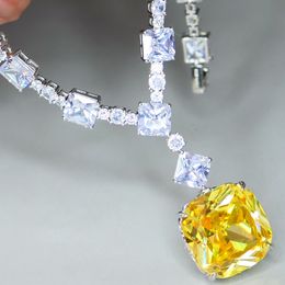 Pendant Necklaces KQDANCE Luxury 20mm Large Square Blue Pink Yellow Green Stone Lab Emerald Sapphire Diamond Tennis Chain Necklace Jewellery 230727