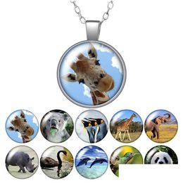 Pendant Necklaces Animals Giraffe Panda Elephant Dolphin Round Necklace 25Mm Glass Cabochon Sier Color Jewelry Women Birthday Gift 50C Dhn2P