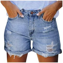 Women's Shorts Casual Torn Jeans Button High Waisted Multi Pockets Washed Oversize Summer Ladies Trendy Versatile Denims