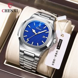 Wristwatches CHENXI 8222 Stainless Steel Wristwatch Case Fashion Calendar Quartz Waterproof Luminous Man Watches Reloj Hombre 230727