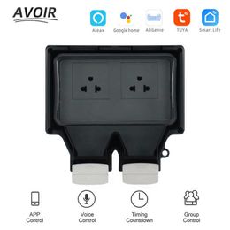 Smart Power Plugs Avoir Tuya Smart Wall Socket With Timer IP66 Waterproof Socket Cover US Plug Outdoor Wifi Wireless Remote Control Home Appliance HKD230727