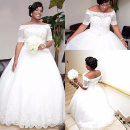 African Plus Size Wedding Dresses 2019 Bridal Gowns With Short Sleeves Boat Neck Beaded Crystals Wedding Dress217A