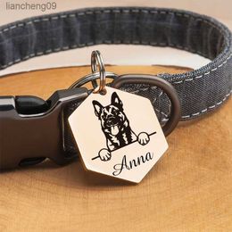 Custom Name Anti-lost ID Tag Hexagon Engraved Record Tel Address Cat Puppy Personalized Paw Print Dog Pet Collar Accessory L230620