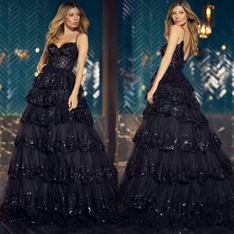 Sparkling Black Evening Gown Elegant Spaghetti Straps Sequined A Line Dresses Floor Length Lace Prom Dress Formal