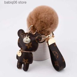 Keychains Lanyards Fashion keychain Cute bear Print Pattern PU leather keychains Car Accessories Key Ring Lanyard Key Wallet Chain Rope Chain set T230727