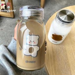 450ml Cartoon Bear Glass Water Bottle Thick Heat Resistance Drinking Bottles Cute Milk Coffee Tumblers for Student Girl Gift 211022962