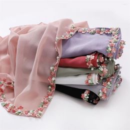 Scarves 90 90cm Square Chiffon Hijab Scarf Women Solid Color Muslim Lace Studded Bead Islamic Shawls And Wraps Headband Musulman