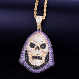 Hoody Skull Purple Stone Pendant Necklace Personality Chain Gold Silver Iced Out Cubic Zirconia Hip hop Rock Jewelry267n