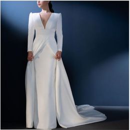 Natural Ivory V Neck Vintage 2 Piece Wedding Dresses Plus Size Woman Bride robe for Saudi Arabia Bridal Gowns Muslim Long Sleeves Simple Bridal Gowns