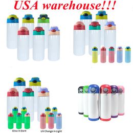 Local Warehousesublimation 12oz kids water bottle straight sippy cup flip cup lid tumbler UV glow in the dark tumblers USA stock193o