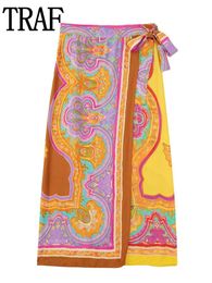 T-Shirt Traf Print Wrap Skirt Sets High Waist Long Skirts for Women Vintage Knotted Sarong Midi Skirt Woman Boho Summer Beach Skirt